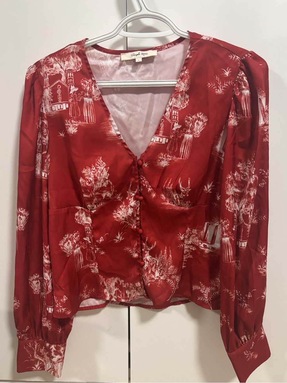 Saylor Red V-Neck Button-Front Printed Blouse